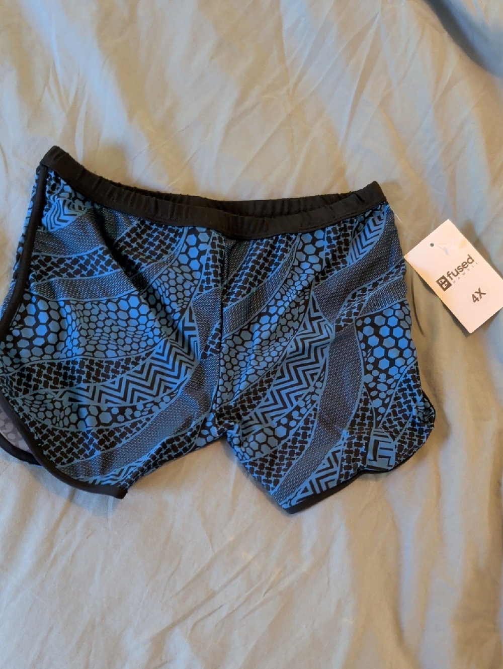 Kids Blue Patterned Swim Trunks with Black Trim
